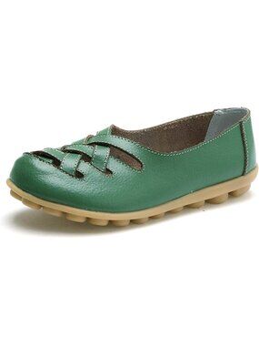 Women's Green Leather Round Toe Cut Out Braided-Nests Walking Flat Loafer